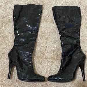 Black Sequin Glitter Knee Boots Size 7